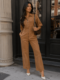WOMEN'S SHORT SLEEVE ZIP UP POCKETS STRETCH DENIM JUMPSUIT