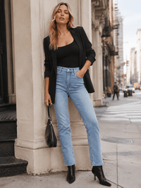 WOMEN'S BUTTON CLOSURE POCKETS STRAIGHT LEG DENIM STRETCH PANTS