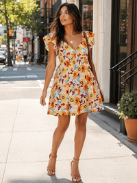 WOMEN'S RUFFLE SLEEVE V-NECK SMOCK TIERED FLORAL MINI DRESS