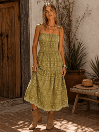 JUST ME WOMEN'S SLEEVELESS SQUARE NECK FRONT POCKETS SMOCK FLORAL EMBROIDERY MAXI DRESS
