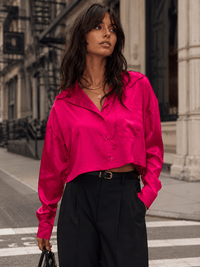 WOMEN'S LONG SLEEVE BUTTON UP SATIN BLOUSE