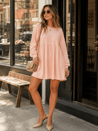 WOMEN'S LONG SLEEVE FRONT POCKET LOOSE FIT MINI DRESS