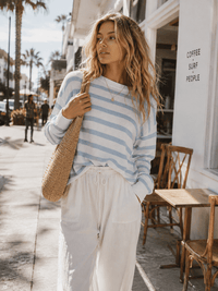 WOMEN'S LONG SLEEVE COLORBLOCK STRIPES PULLOVER KNIT SWEATER