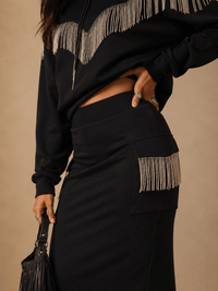 WOMEN'S ELASTIC WAIST CARGO POCKETS BACK SLIT RHINESTONES FRINGE DETAILED MAXI SKIRT