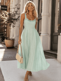 WOMEN'S SLEEVELESS RUFFLE TRIM DETAILED SELF TIE MAXI DRESS