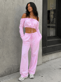 WOMEN'S LONG SLEEVE CROP TOP & ELASTIC WAIST PANTS SOLID 2PC. SET