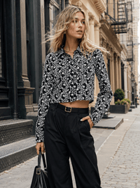 WOMEN'S LONG SLEEVE BUTTON UP FLOWER SEQUINS TOP