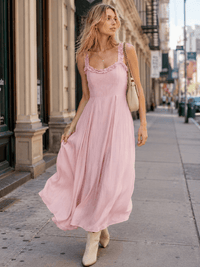 WOMEN'S SLEEVELESS RUFFLE TRIM DETAILED SELF TIE MAXI DRESS