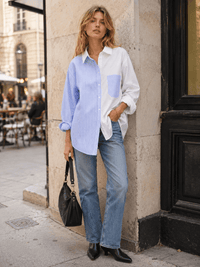 WOMEN'S LONG SLEEVE BUTTON UP FRONT POCKET HIGH-LOW COLORBLOCK STRIPES OVERSIZED SHIRT