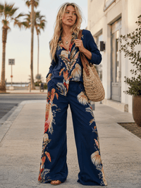 WOMEN'S LONG SLEEVE BLOUSE & ELASTIC WAIST WIDE LEG PANTS LEAF PRINT 2PC. SET
