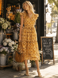 JUST ME WOMEN'S RUFFLE SLEEVE V-NECK OPEN BACK CROCHET TIERED MAXI DRESS