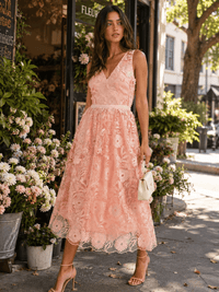 JUST ME WOMEN'S SLEEVELESS V-NECK FLORAL CROCHET MAXI DRESS