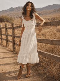 JUST ME WOMEN'S SLEEVELESS SQUARE NECK LACE CROCHET MAXI DRESS