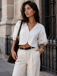 WOMEN'S SHORT SLEEVE BUTTON UP STITCHED DETAILED TOP