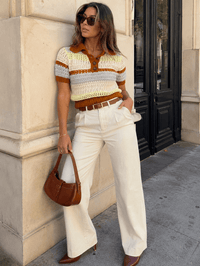 WOMEN'S SHORT SLEEVE BUTTON UP KNIT COLORBLOCK BLOUSE
