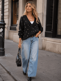 WOMEN'S LONG SLEEVE BUTTON CLOSURE PEARL DETAILED SWEATER