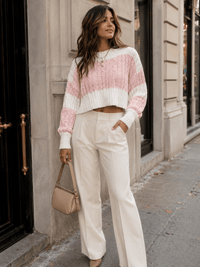 WOMEN'S LONG SLEEVE COLORBLOCK KNIT PULLOVER CROP SWEATER
