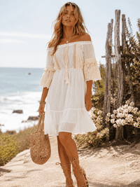 WOMEN'S 3/4 SLEEVE OFF SHOULDER ELASTIC WAIST CROCHET LACE MINI DRESS