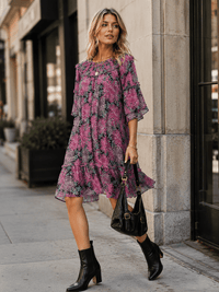 WOMEN'S SHORT SLEEVE FLORAL TUNIC MIDI DRESS