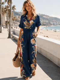 WOMEN'S SHORT SLEEVE BUTTON UP ELASTIC WAIST POCKETS WIDE LEG MULTI PRINT JUMPSUIT