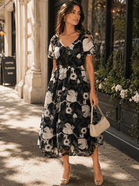 JUST ME WOMEN'S SHORT PUFF SLEEVE V-NECK POCKETS FLORAL MAXI DRESS