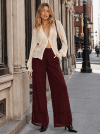 WOMEN'S BUTTON CLOSURE FRONT POCKETS WIDE LEG PANTS