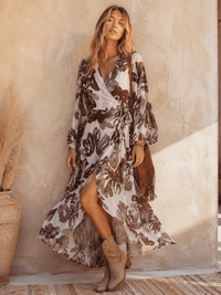 WOMEN'S LONG BELL SLEEVE V-NECK HIGH-LOW FLORAL WRAP MAXI DRESS