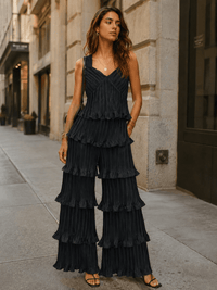 JUST ME WOMEN'S SLEEVELESS V-NECK RUFFLE TIERED WIDE LEG JUMPSUIT