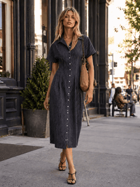 WOMEN'S SHORT SLEEVE BUTTON UP FIT & FLARE STRIPES MIDI DRESS