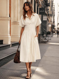 WOMEN'S SHORT SLEEVE BUTTON UP FIT & FLARE STRIPES MIDI DRESS