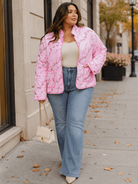 PLUS SIZE LONG SLEEVE BUTTON CLOSURE FRONT POCKETS FLORAL PRINT JACKET