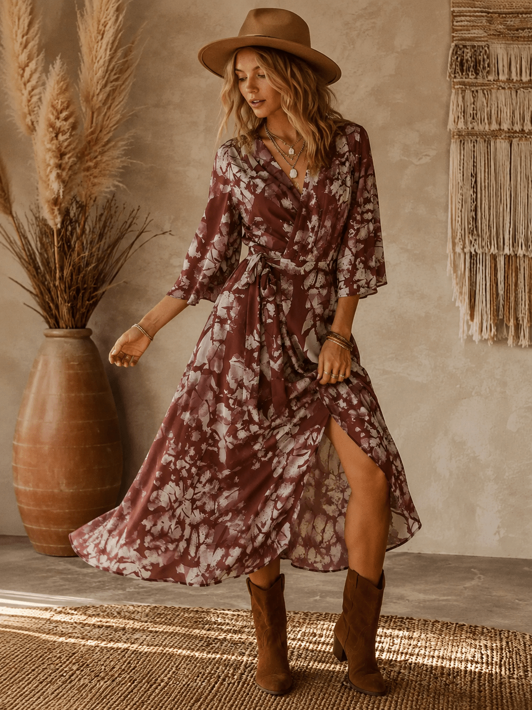 WOMEN'S 3/4 SLEEVE V-NECK FLORAL WRAP MAXI DRESS 1S-1M-1L