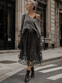 WOMEN'S ELASTIC WAIST FRONT CROCHET LACE FIT & FLARE MIDI SKIRT