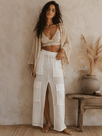 WOMEN'S ELASTIC WAIST CARGO POCKETS FRONT SLIT CROCHET MAXI SKIRT