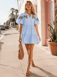 WOMEN'S SHORT PUFF SLEEVE V-NECK EMBROIDERY DETAILED TIERED MINI DRESS