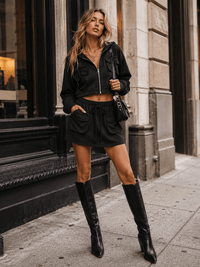 WOMEN'S LONG SLEEVE HOODED TOP & ELASTIC WAIST MINI SKORT SOLID 2PC. SET