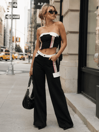 WOMEN'S SLEEVELESS CROP TOP & BUTTON CLOSURE WIDE LEG PANTS COLORBLOCK 2PC. SET