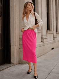 WOMEN'S ELASTIC WAIST SOLID MIDI SKIRT