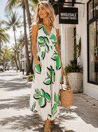 WOMEN'S SLEEVELESS SURPLICE SMOCK WAIST FRONT POCKETS FLORAL JUMPSUIT