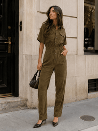 WOMEN'S SHORT SLEEVE FRONT POCKETS ELASTIC WAIST CORDUROY JUMPSUIT