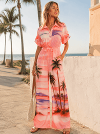 WOMEN'S SHORT SLEEVE BUTTON UP POCKETS ELASTIC WAIST WIDE LEG MULTI PRINT JUMPSUIT