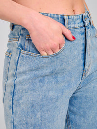 WOMEN'S BUTTON CLOSURE POCKETS WIDE RAW EDGE LEG DENIM PANTS