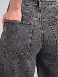 WOMEN'S BUTTON CLOSURE POCKETS WIDE RAW EDGE LEG DENIM PANTS