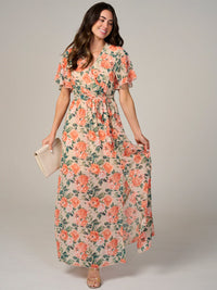 WOMEN'S SHORT SLEEVE SURPLICE ELASTIC WAIST FLORAL MAXI DRESS