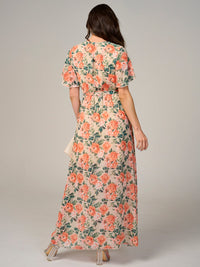 WOMEN'S SHORT SLEEVE SURPLICE ELASTIC WAIST FLORAL MAXI DRESS