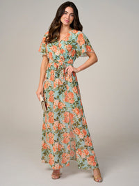 WOMEN'S SHORT SLEEVE SURPLICE ELASTIC WAIST FLORAL MAXI DRESS