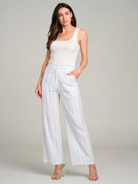 WOMEN'S BUTTON CLOSURE POCKETS STRIPES WIDE LEG PANTS