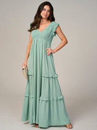 WOMEN'S RUFFLE SLEEVE V-NECK SMOCK TIERED MAXI DRESS