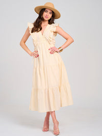 WOMEN'S SLEEVELESS V-NECK ADJUSTABLE WAIST POCKETS TIERED MAXI DRESS
