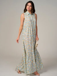 WOMEN'S SLEEVELESS BUTTON UP TIERED FLORAL MAXI DRESS